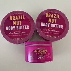 2 Trader Joes Brazil Nut Body Butter Acai Guarana Shea 8oz ea‎ Plus 5.7oz Candle